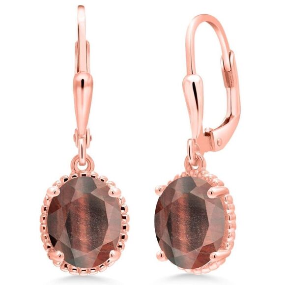 18K Rose Gold 925 with 3.00 Cttw Red Tiger Eye Oval Leverback Hook Earrings